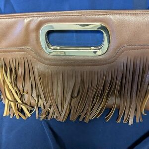 Brown Leather Fringe Clutch with Gold-Tone Handle